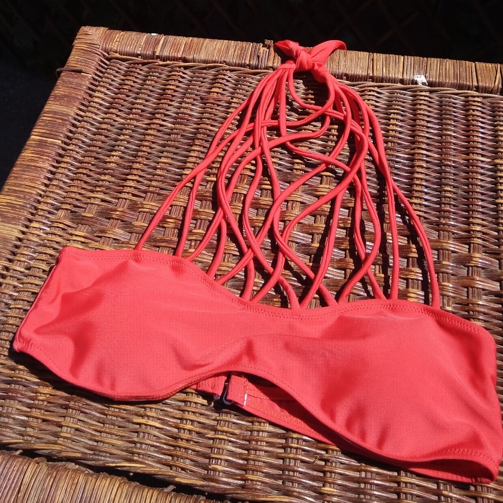 Red Bikini Top Sz L Halter Strappy Cross